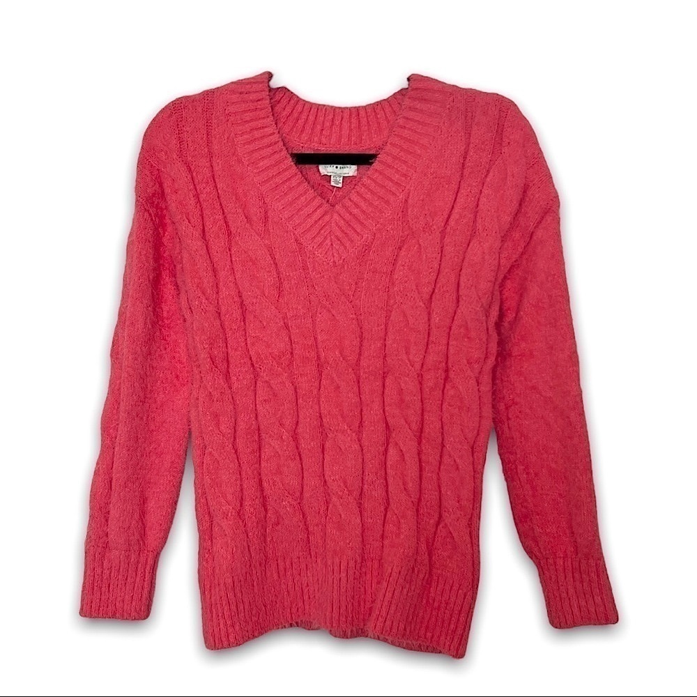NWT LUCKY BRAND Coral Chunky Cable Knit V-Neck Pullover Fuzzy Eyelash Sweater XS
